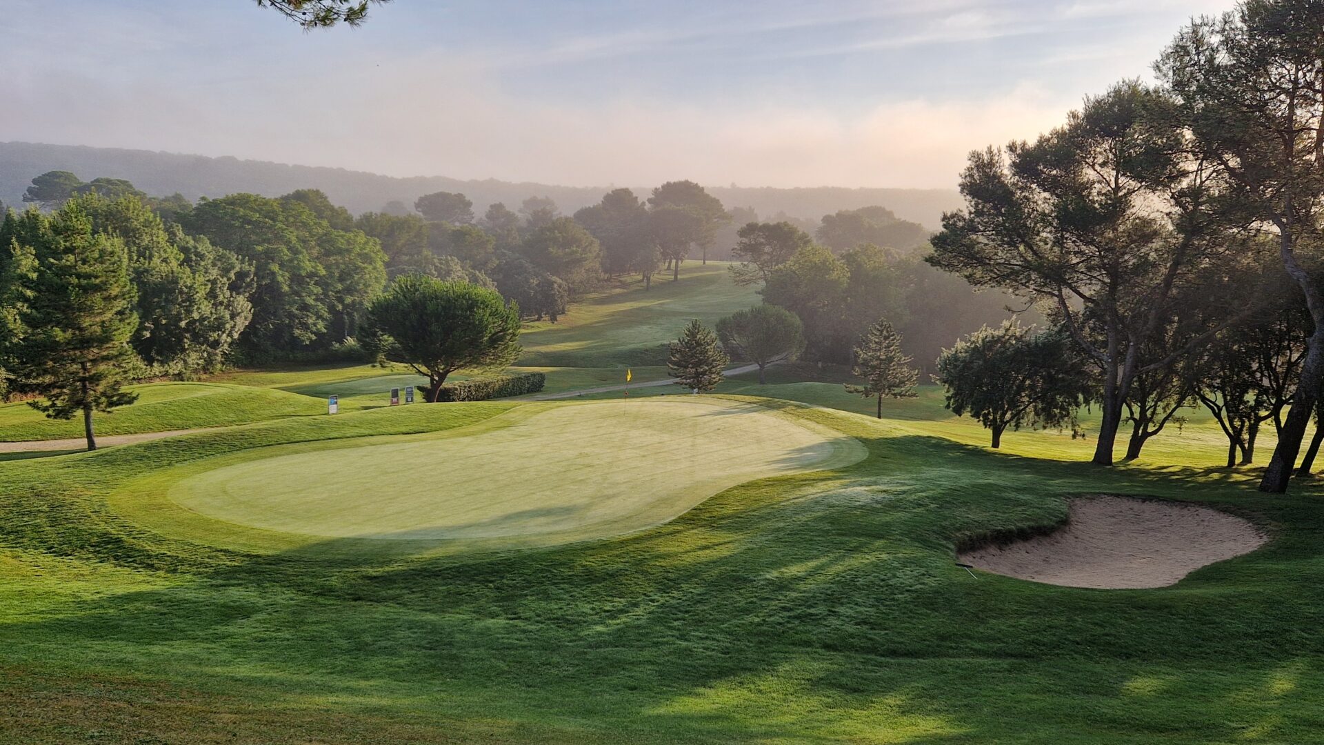 Terrain de golf le matin, embrumé