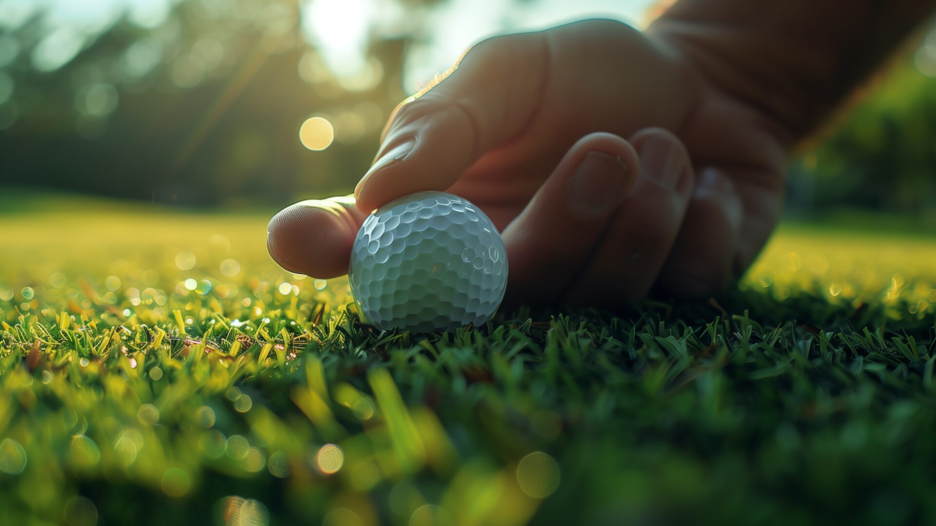 Une main place une balle de golf sur un terrain de golf herbeux en contrejour